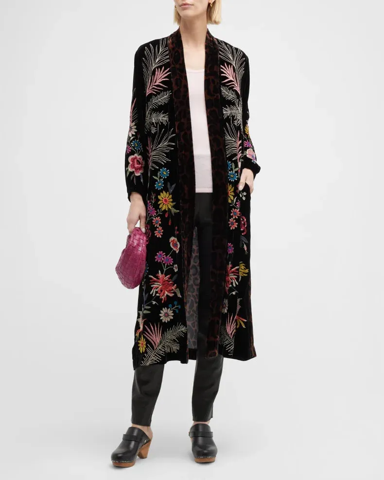 Johnny Was Tiarei Velvet Bishop Sleeve Kimono Coat Floral Embroidery Black New