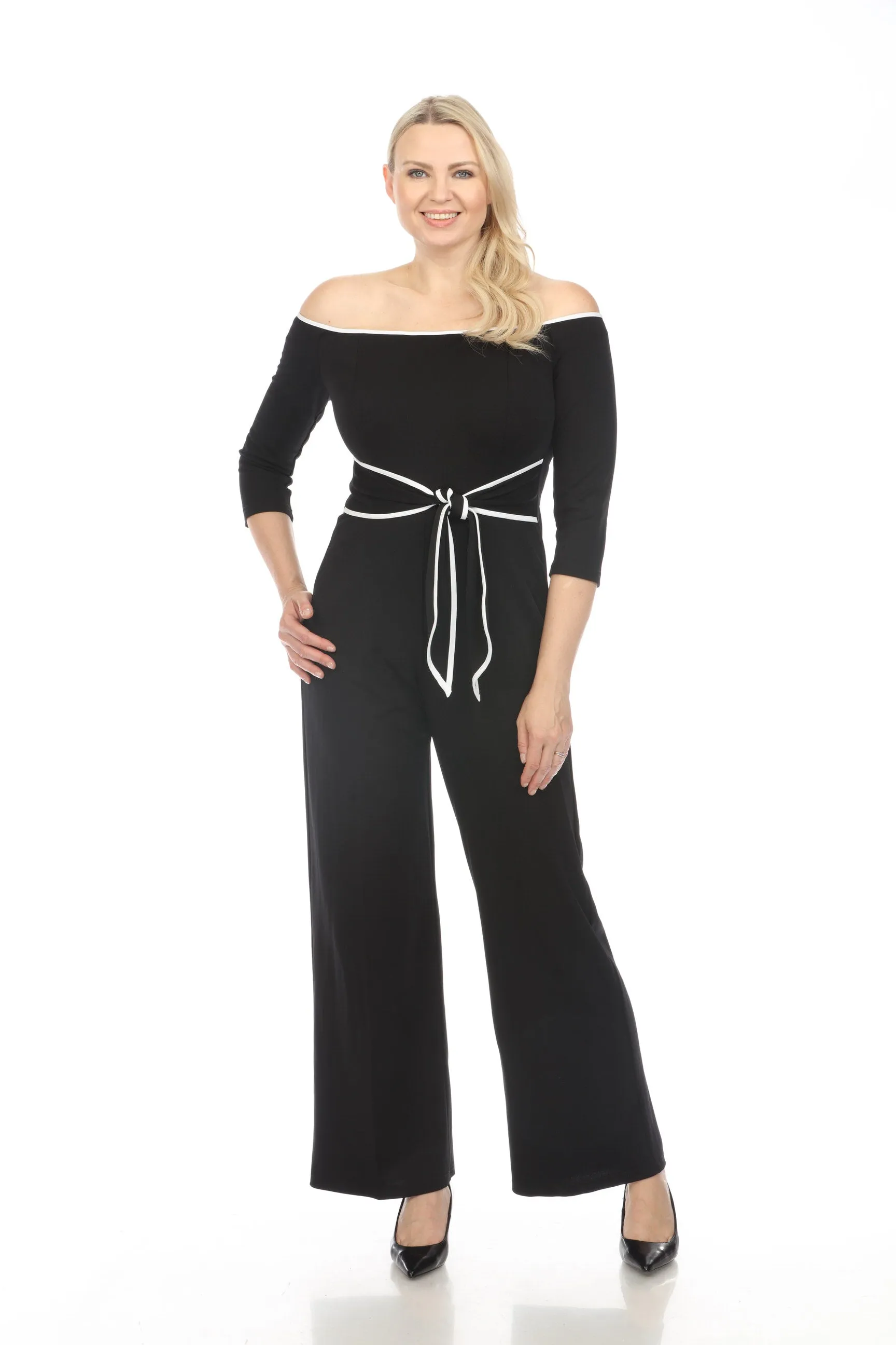 Joseph Ribkoff Black/Off-White Contrast Trim Off-Shoulder Wide Leg Jumpsuit 241009