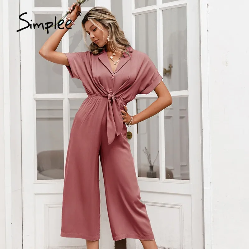 Joskaa Solid High Waist Short Sleeve V-neck Jumpsuit Casual Summer Women Wide-leg Jumpsuit 2024 Loose Knotted Office Jumpsuit