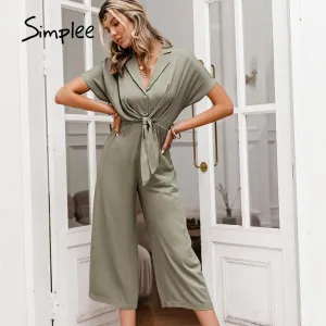 Joskaa Solid High Waist Short Sleeve V-neck Jumpsuit Casual Summer Women Wide-leg Jumpsuit 2024 Loose Knotted Office Jumpsuit