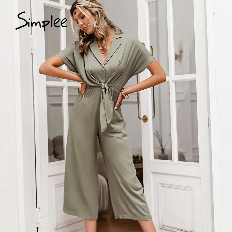 Joskaa Solid High Waist Short Sleeve V-neck Jumpsuit Casual Summer Women Wide-leg Jumpsuit 2024 Loose Knotted Office Jumpsuit