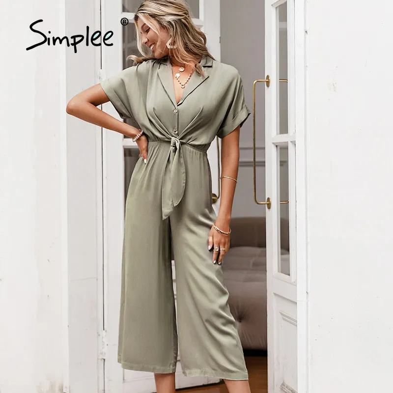 Joskaa Solid High Waist Short Sleeve V-neck Jumpsuit Casual Summer Women Wide-leg Jumpsuit 2024 Loose Knotted Office Jumpsuit