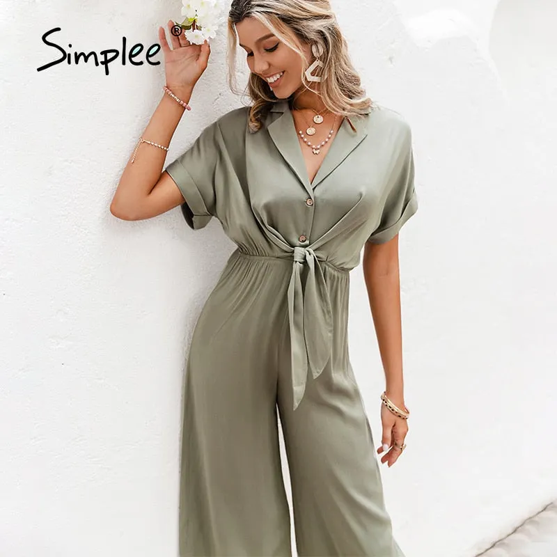 Joskaa Solid High Waist Short Sleeve V-neck Jumpsuit Casual Summer Women Wide-leg Jumpsuit 2024 Loose Knotted Office Jumpsuit