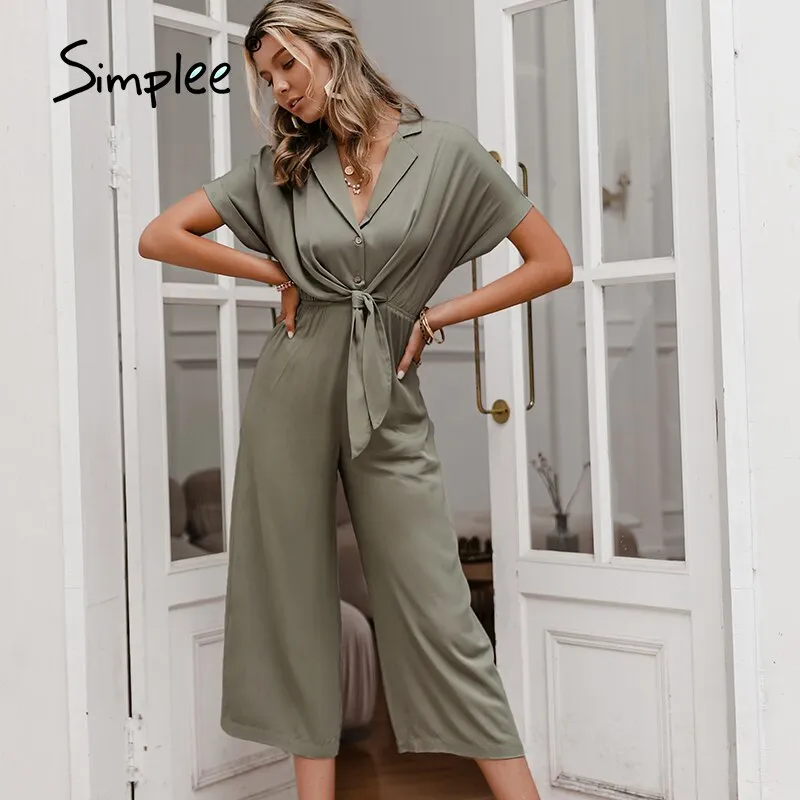 Joskaa Solid High Waist Short Sleeve V-neck Jumpsuit Casual Summer Women Wide-leg Jumpsuit 2024 Loose Knotted Office Jumpsuit