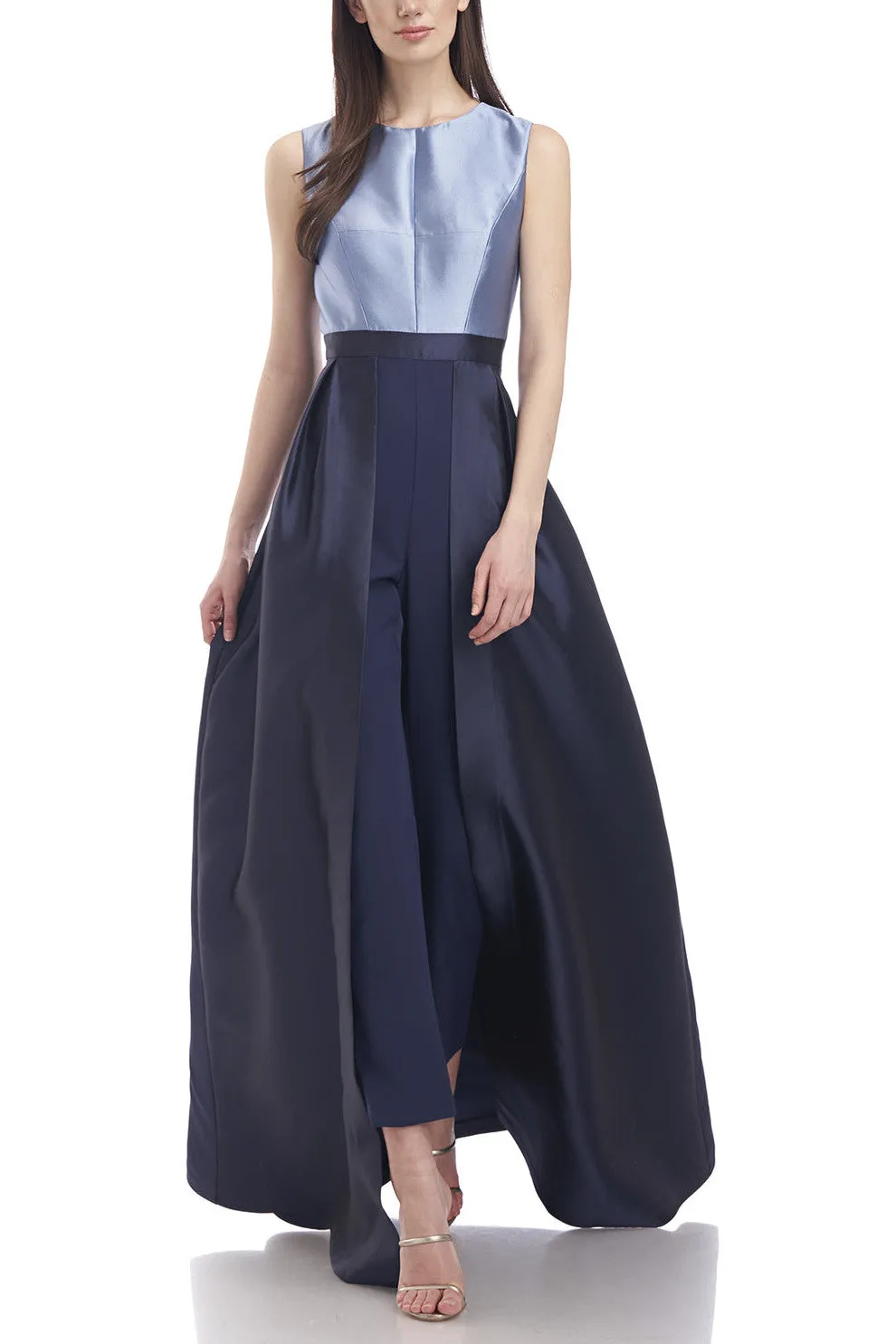 Kay Unger Jewel Neck Sleeveless Zipper Back Seamed Bodice Stretch Crepe Ankle Pants Walk Thru Twill Jumpsuit