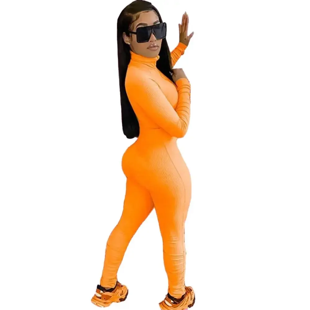 Kerri Ribbed Jumpsuits Long Sleeve Turtleneck Zippers High Elasticity Rib Jumpsuit