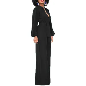 Ketty More Women Solid Color Waistband Button Closure Loose Fit Trouser Jumpsuit-WJC63650