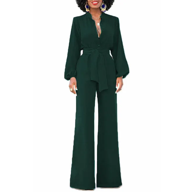 Ketty More Women Solid Color Waistband Button Closure Loose Fit Trouser Jumpsuit-WJC63650
