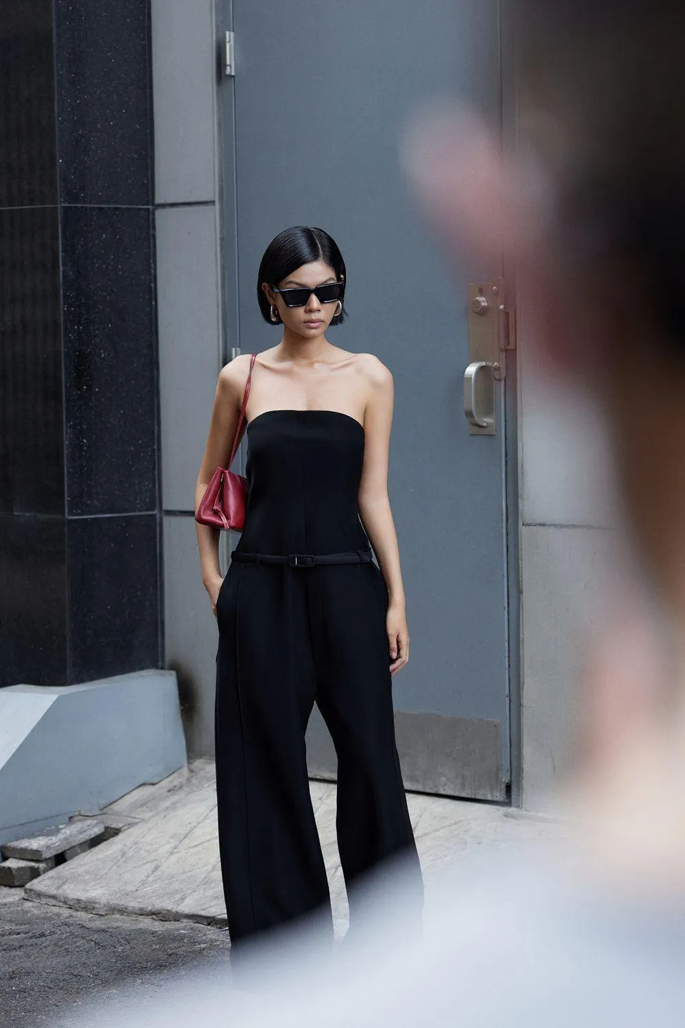 Lawyer Strapless Side Pocket Crepe Floor Length Jumpsuit