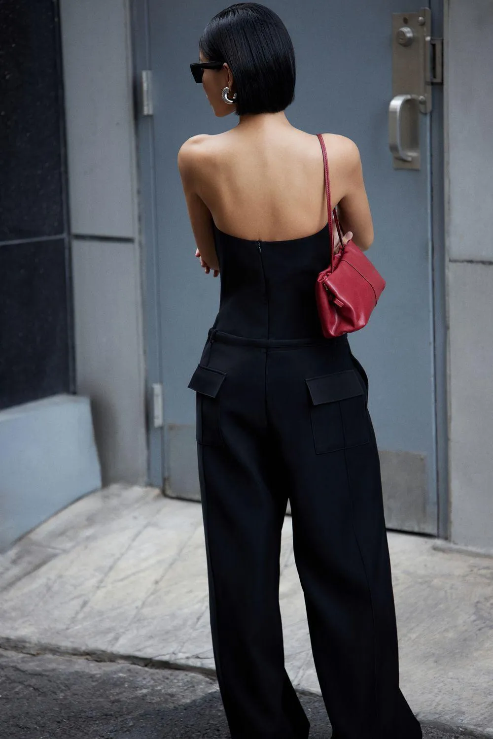Lawyer Strapless Side Pocket Crepe Floor Length Jumpsuit