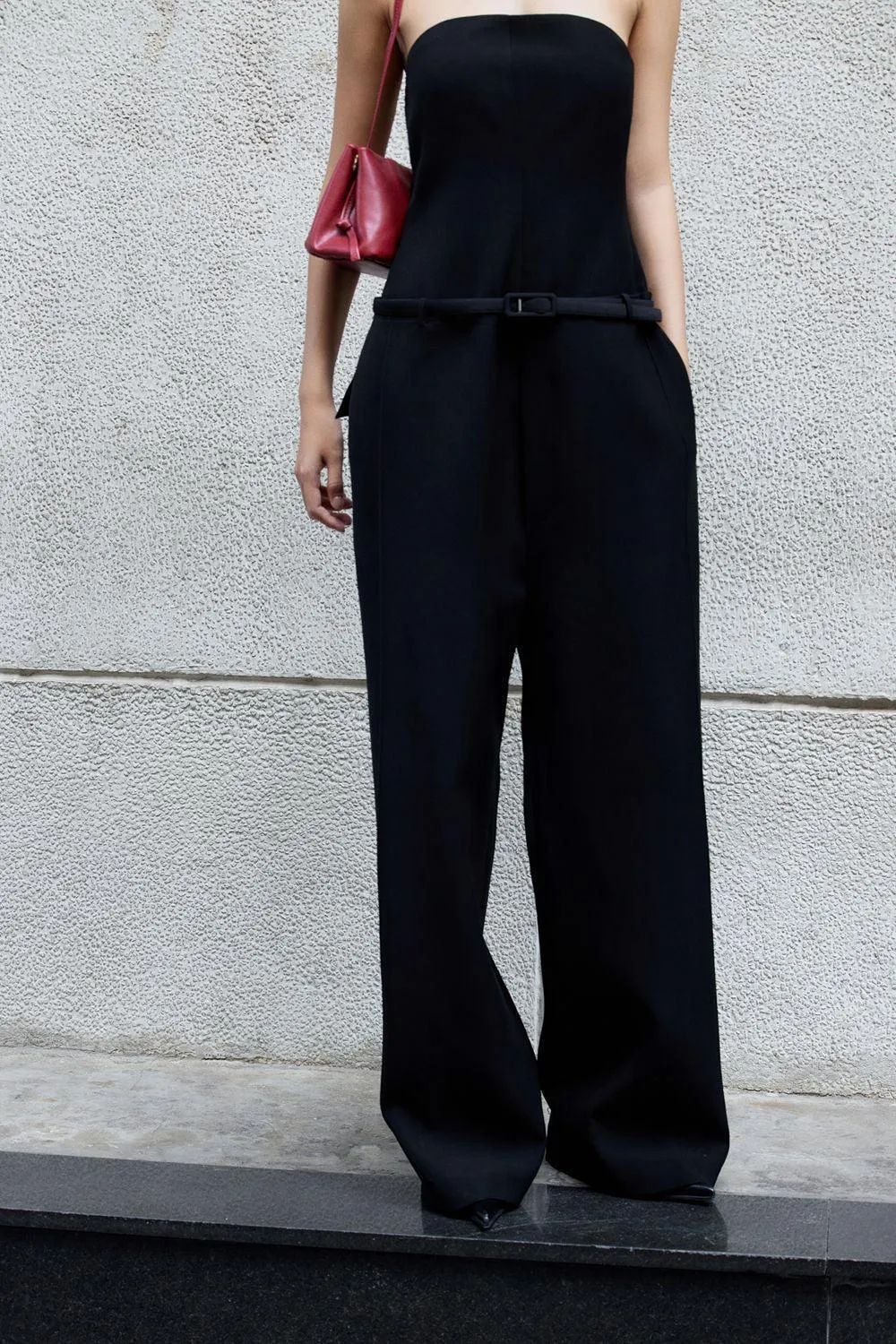 Lawyer Strapless Side Pocket Crepe Floor Length Jumpsuit