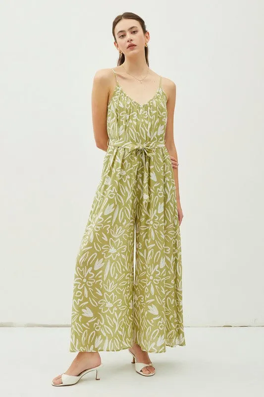 Lime Print Lightweight Tie Belt Wide Leg Cami Jumpsuit