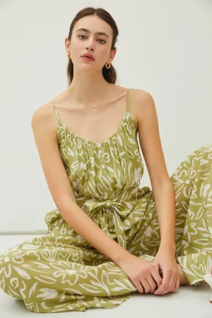 Lime Print Lightweight Tie Belt Wide Leg Cami Jumpsuit