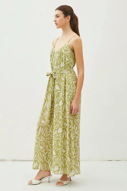 Lime Print Lightweight Tie Belt Wide Leg Cami Jumpsuit