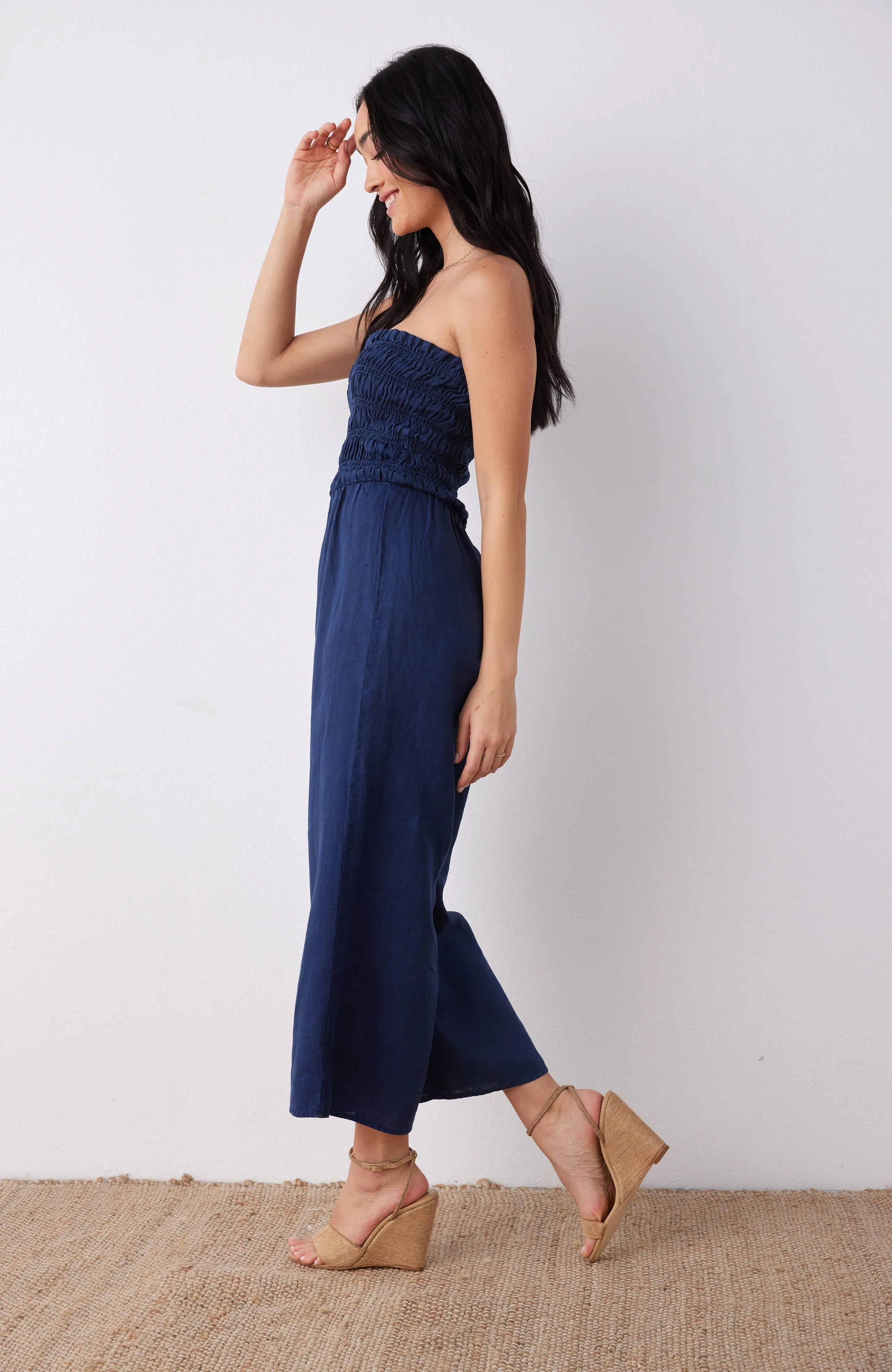 Linen Smocked Strapless Jumpsuit