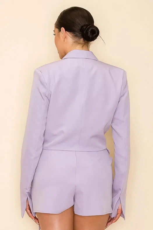 Long Sleeve Cropped Jacket with Collar LAVENDER