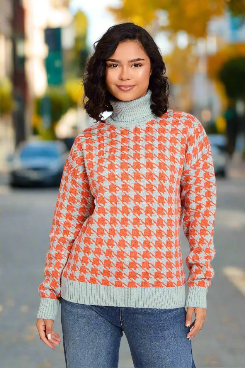 Loose Fit High Neck Houndstooth Jacquard Pullover