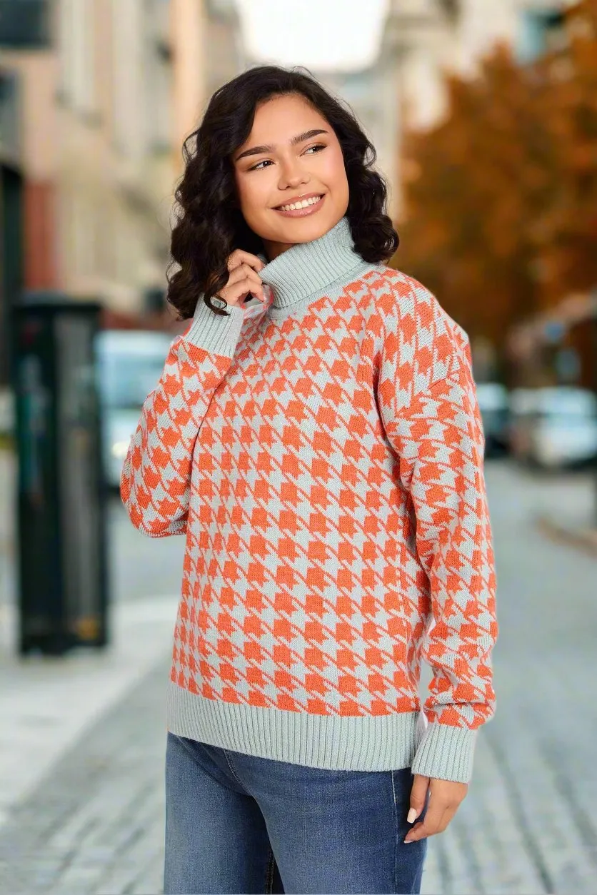 Loose Fit High Neck Houndstooth Jacquard Pullover