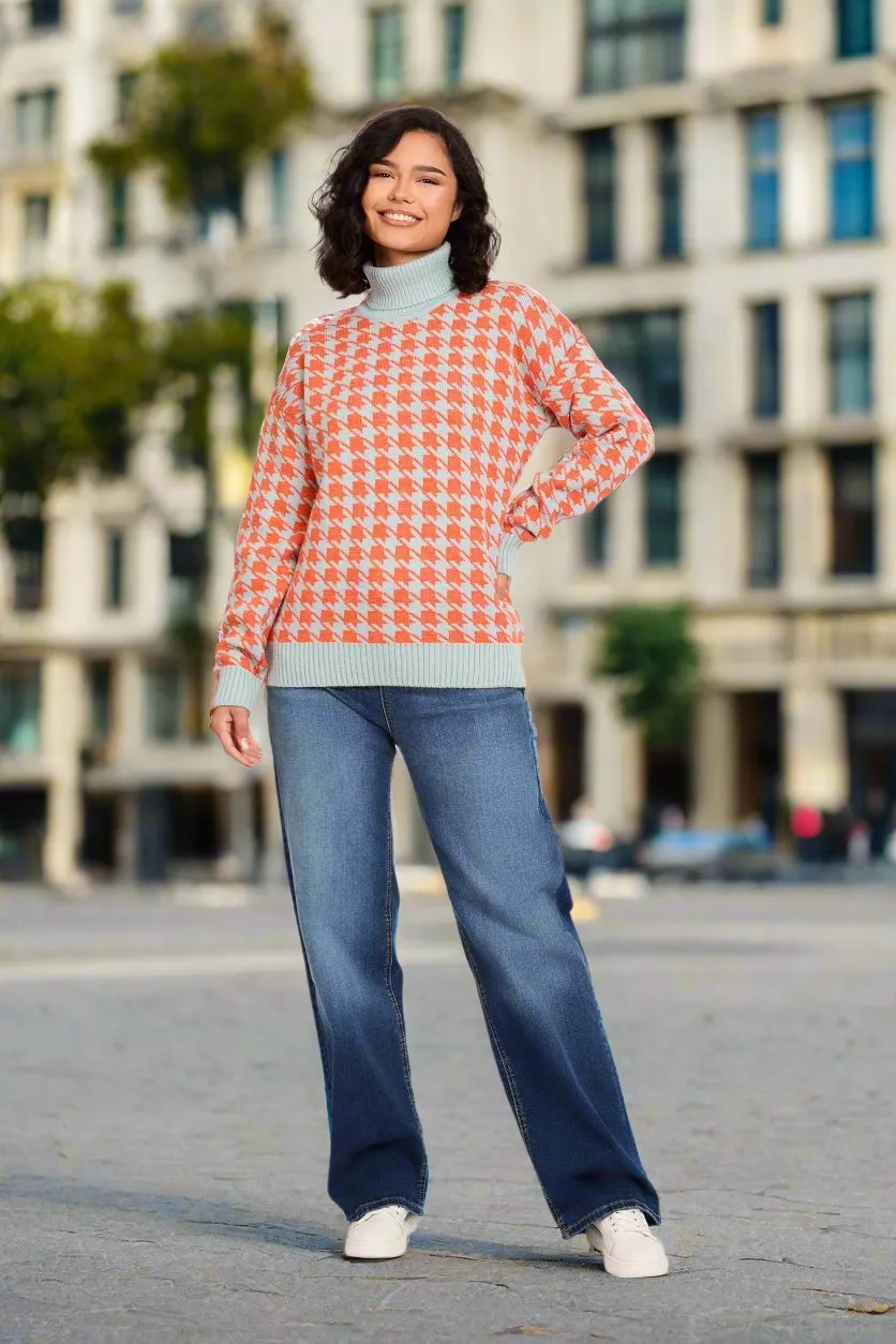 Loose Fit High Neck Houndstooth Jacquard Pullover
