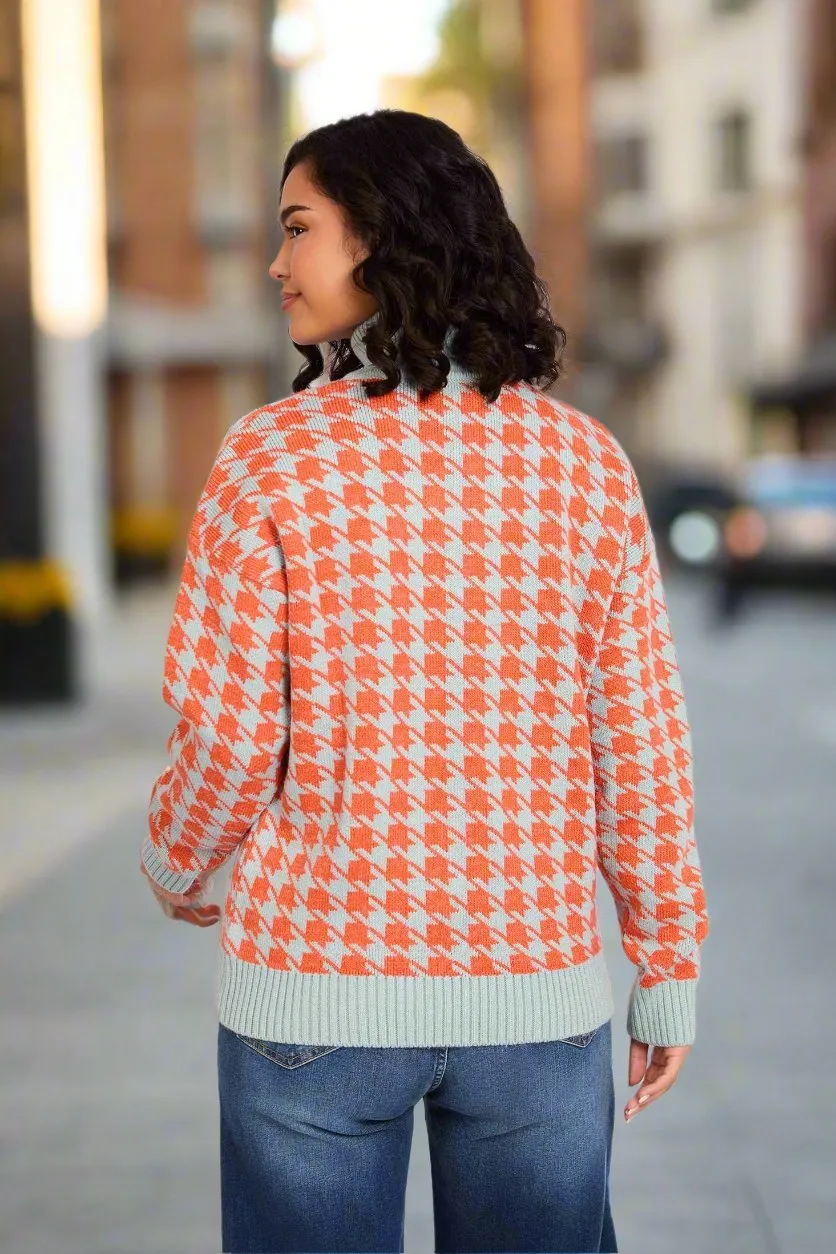 Loose Fit High Neck Houndstooth Jacquard Pullover