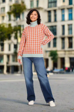 Loose Fit High Neck Houndstooth Jacquard Pullover