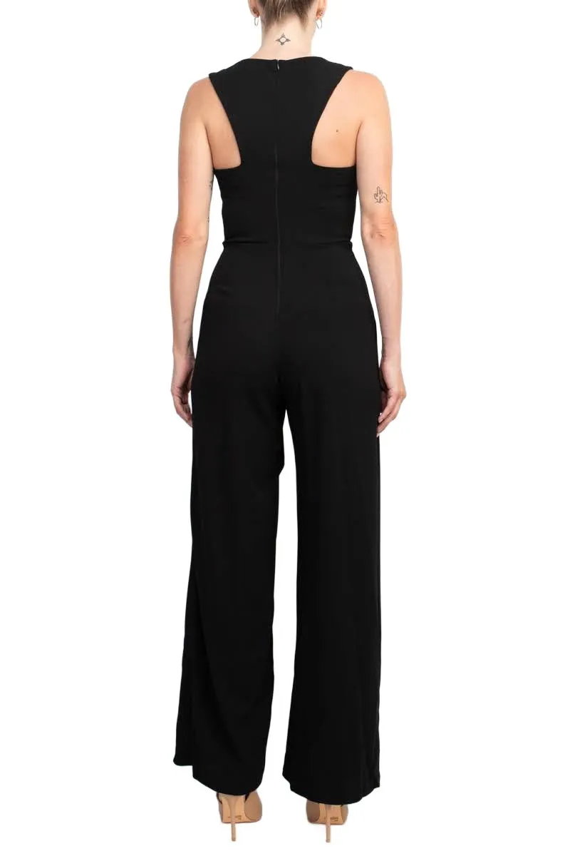 Marina V-Neck Sleeveless Zipper Back Racer Back Ruffled Hem Crepe Jumpsuit