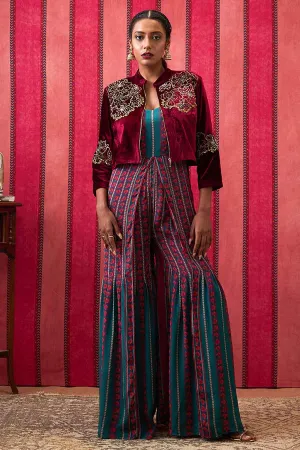 Maroon & Teal Green Qala Jumpsuit with Embroidered Jacket
