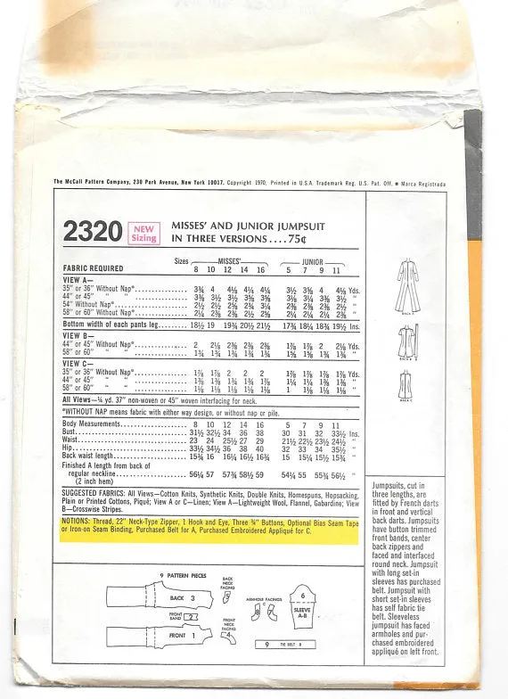McCall's 2320 Misses and Juniors Jumpsuit in 3 Versions Vintage 1970's