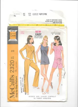 McCall's 2320 Misses and Juniors Jumpsuit in 3 Versions Vintage 1970's
