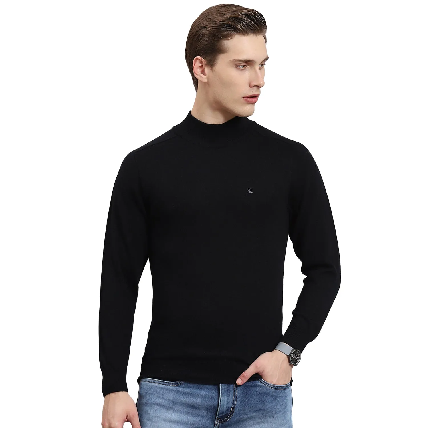 Men Black Solid T Neck Full Sleeve Sweater