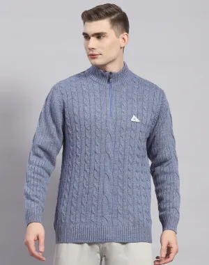 Men Blue Solid H Neck Full Sleeve Pullover