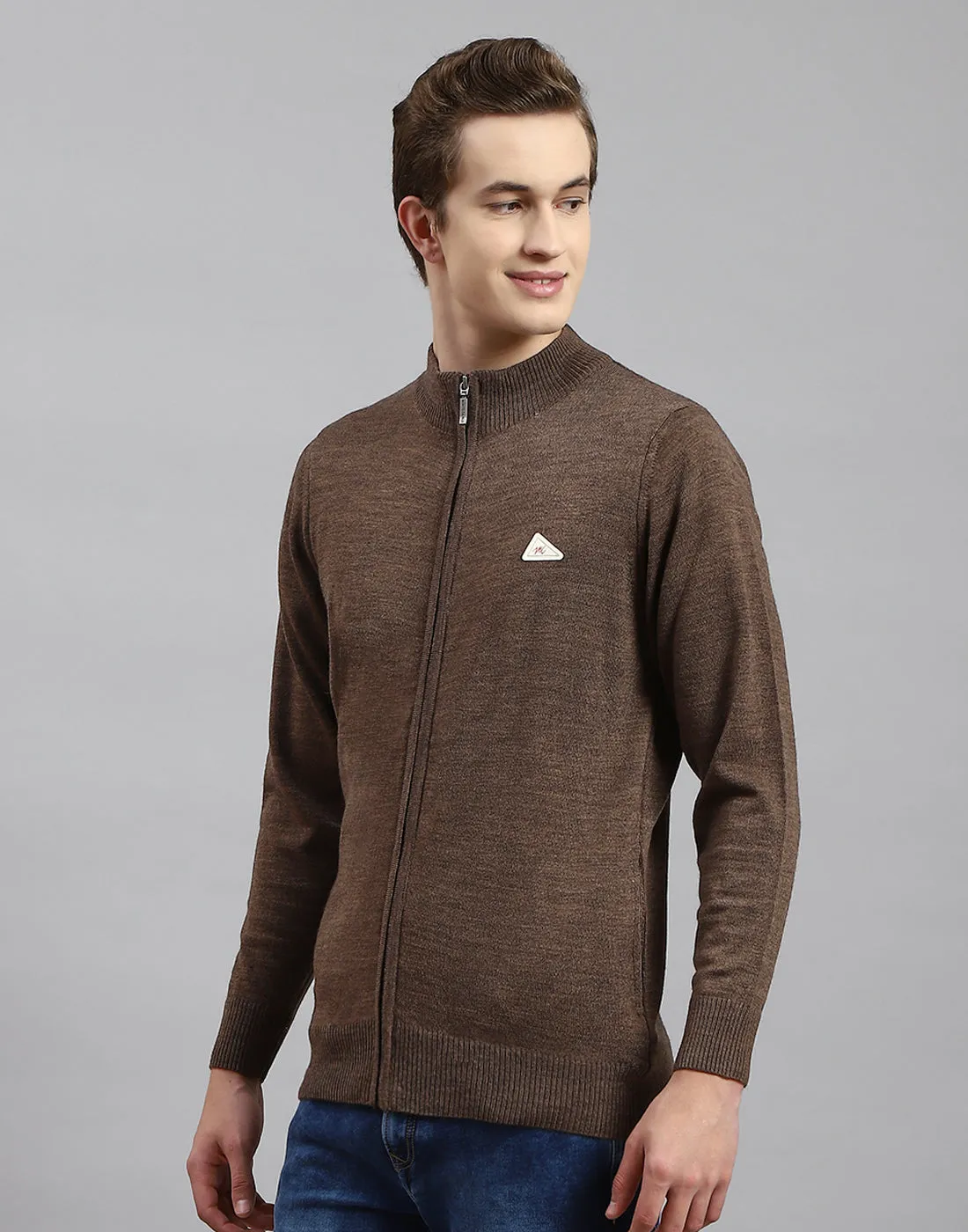 Men Brown Solid Stand Collar Full Sleeve Pullover
