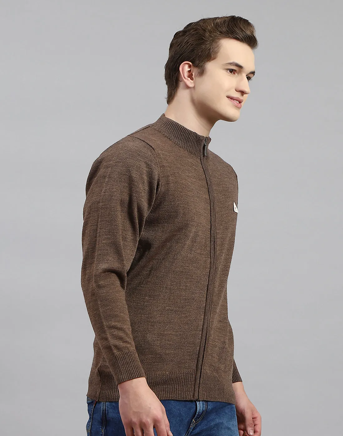 Men Brown Solid Stand Collar Full Sleeve Pullover