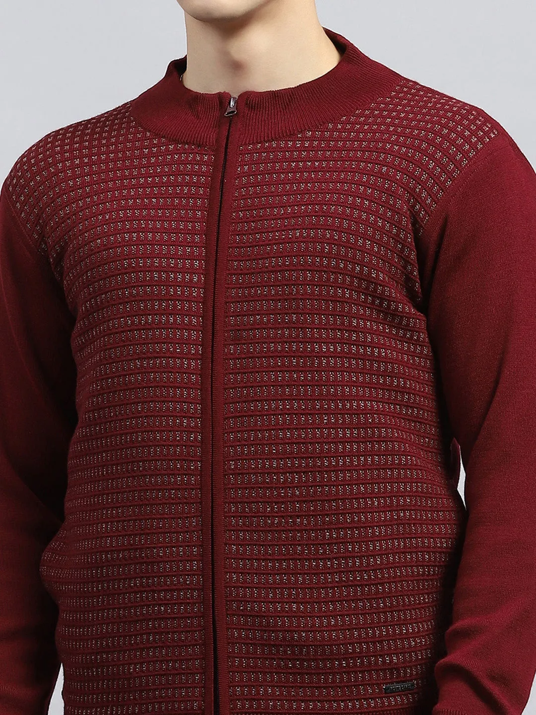 Men Maroon Self Design High Neck Full Sleeve Pullover
