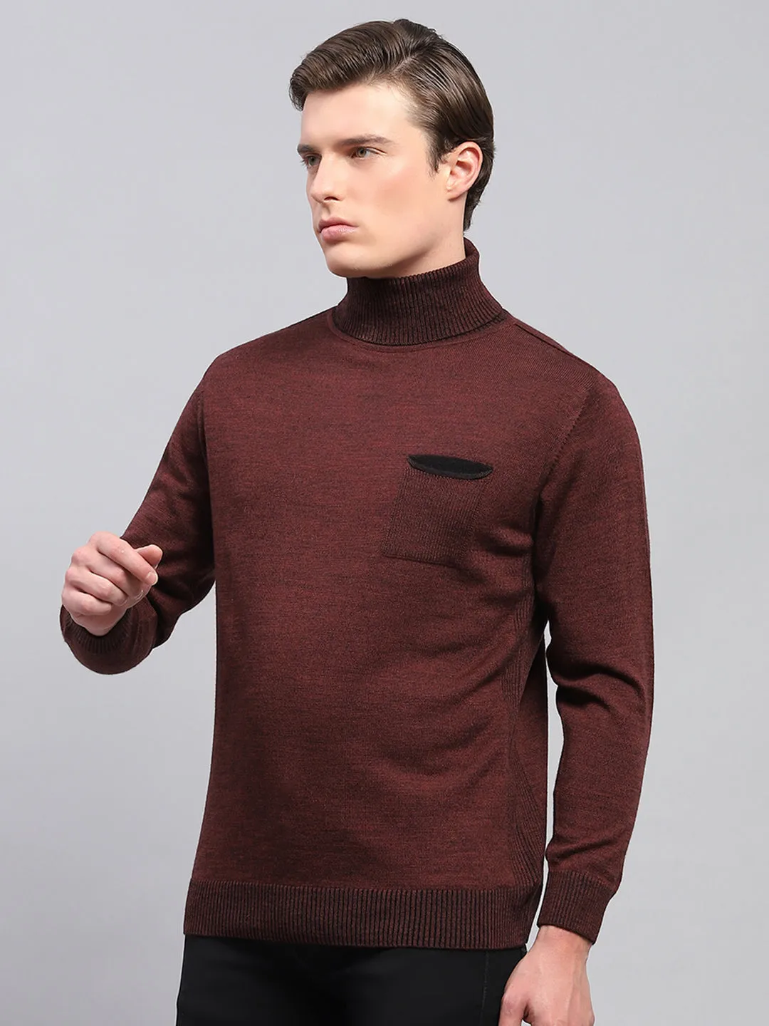 Men Maroon Solid Turtle Neck Full Sleeve Pullover
