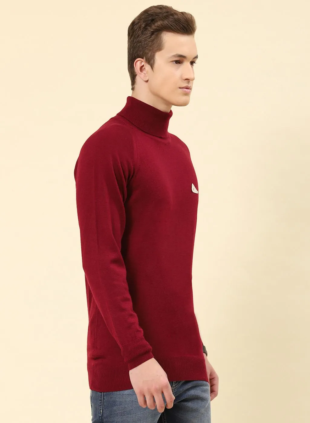 Men Red Solid Blend wool Pullover