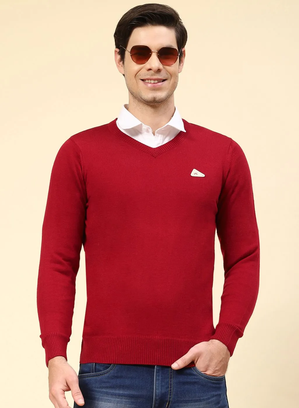 Men Red Solid Wool blend Pullover