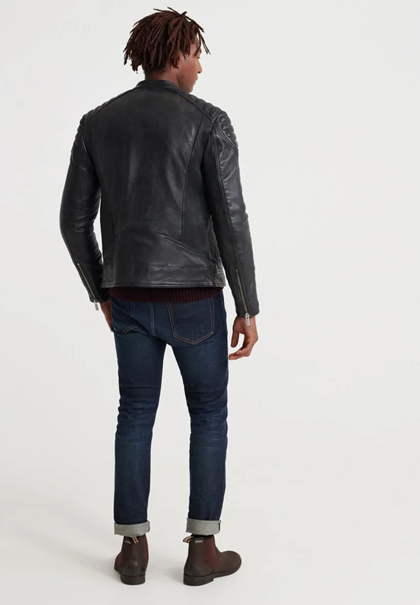 Men’s Black Leather Crew Neck Biker Jacket