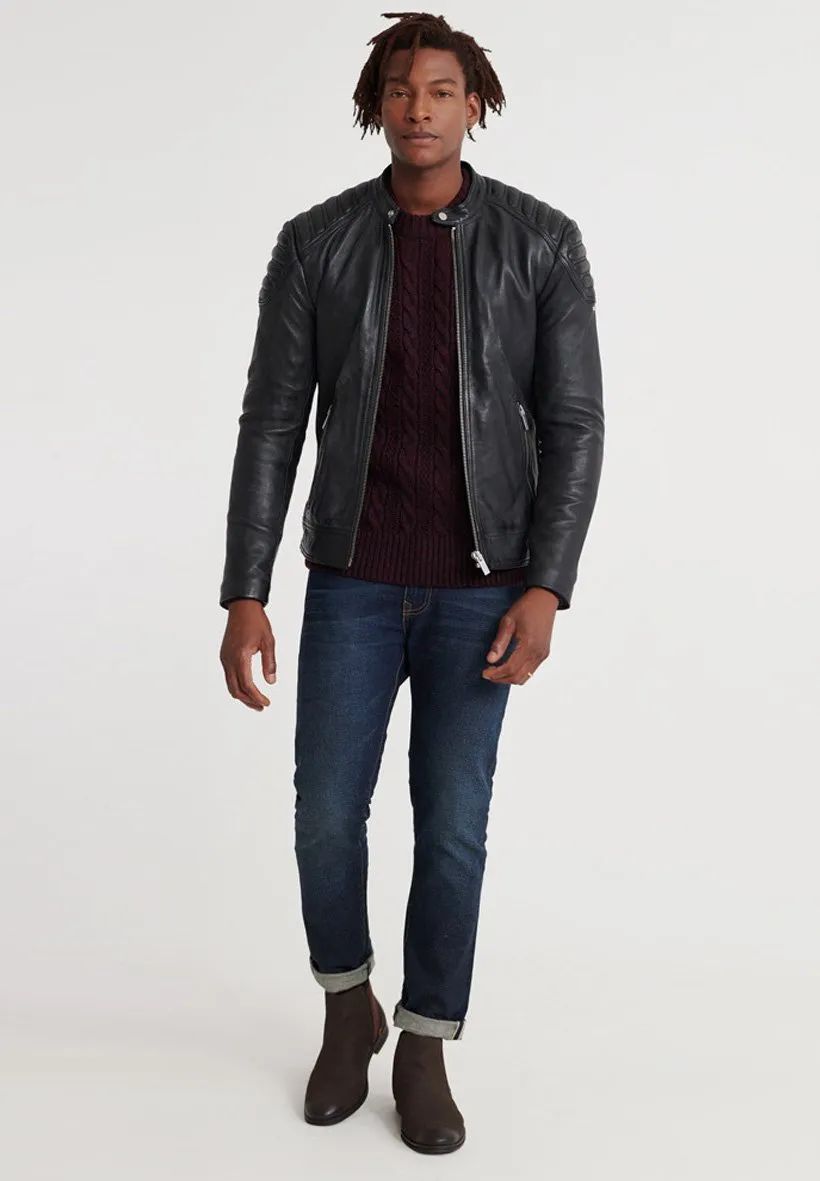Men’s Black Leather Crew Neck Biker Jacket