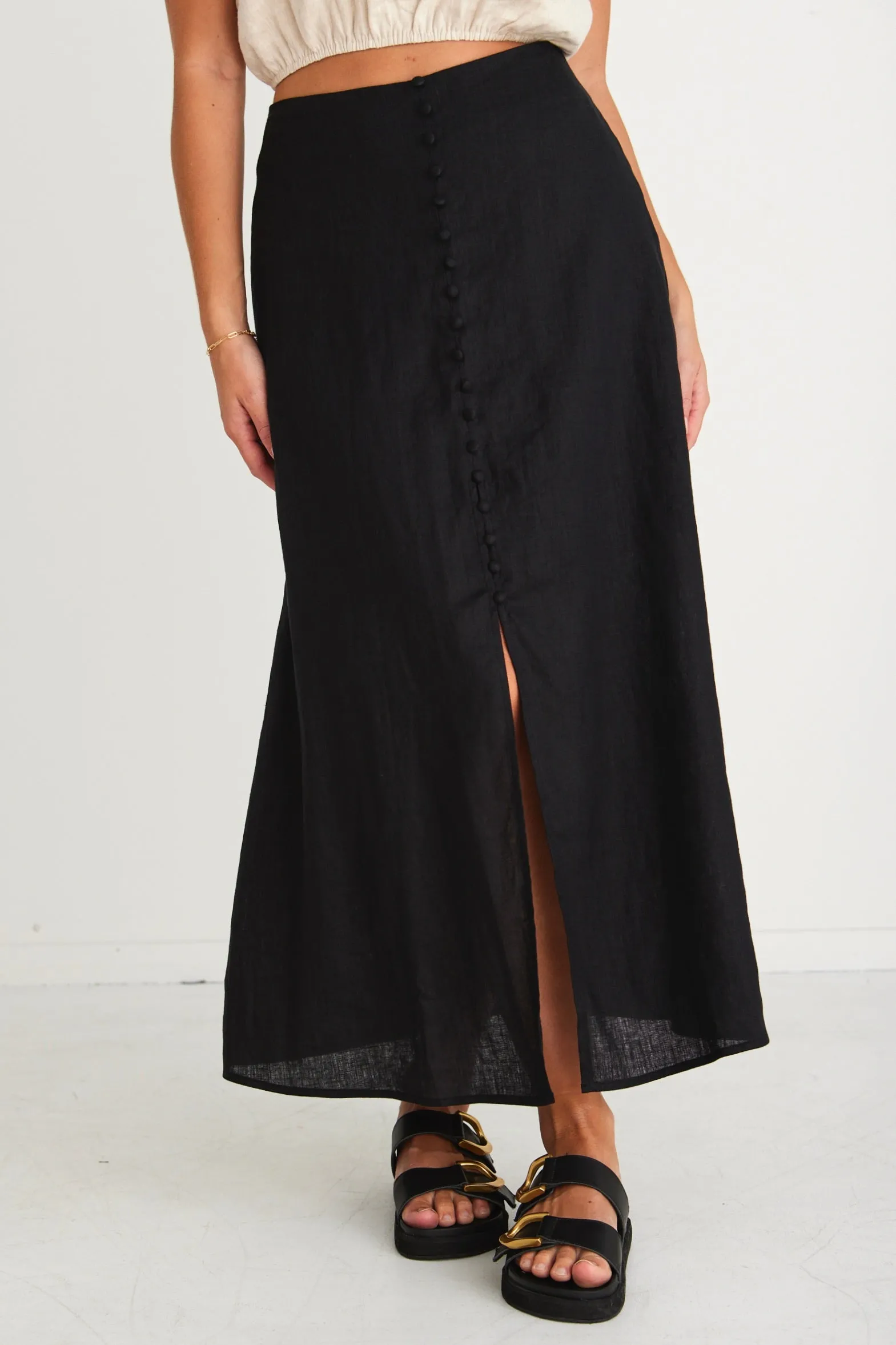 Mercy Black Linen Button Front Aline Skirt