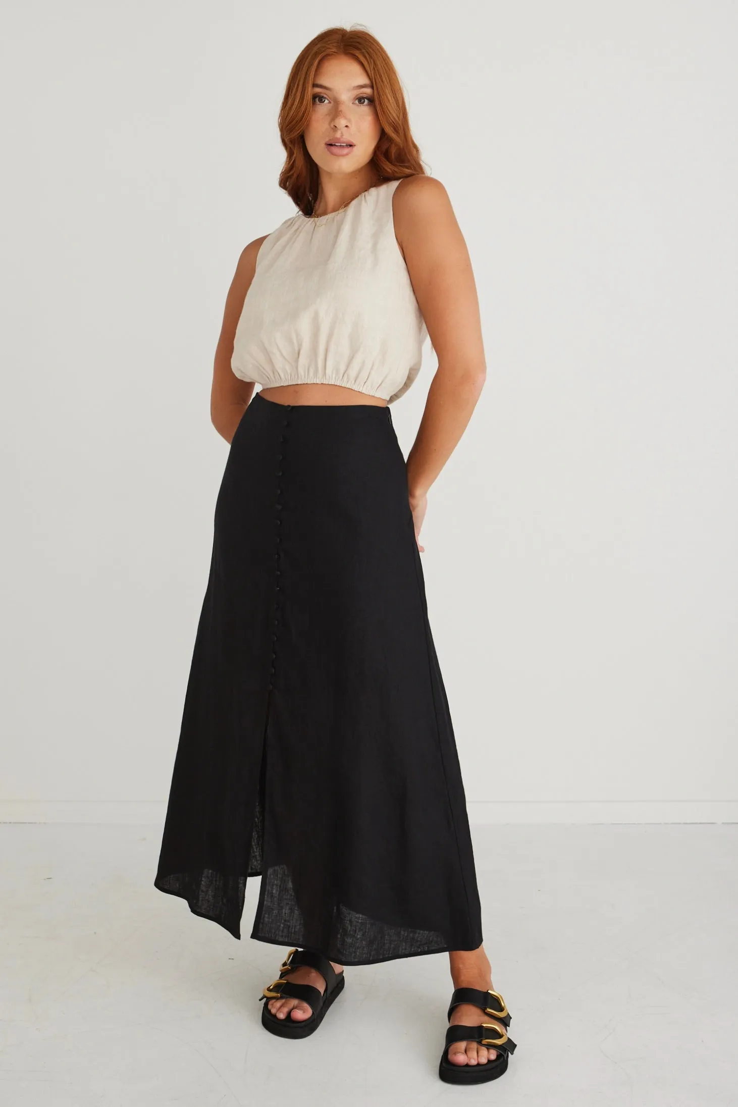 Mercy Black Linen Button Front Aline Skirt