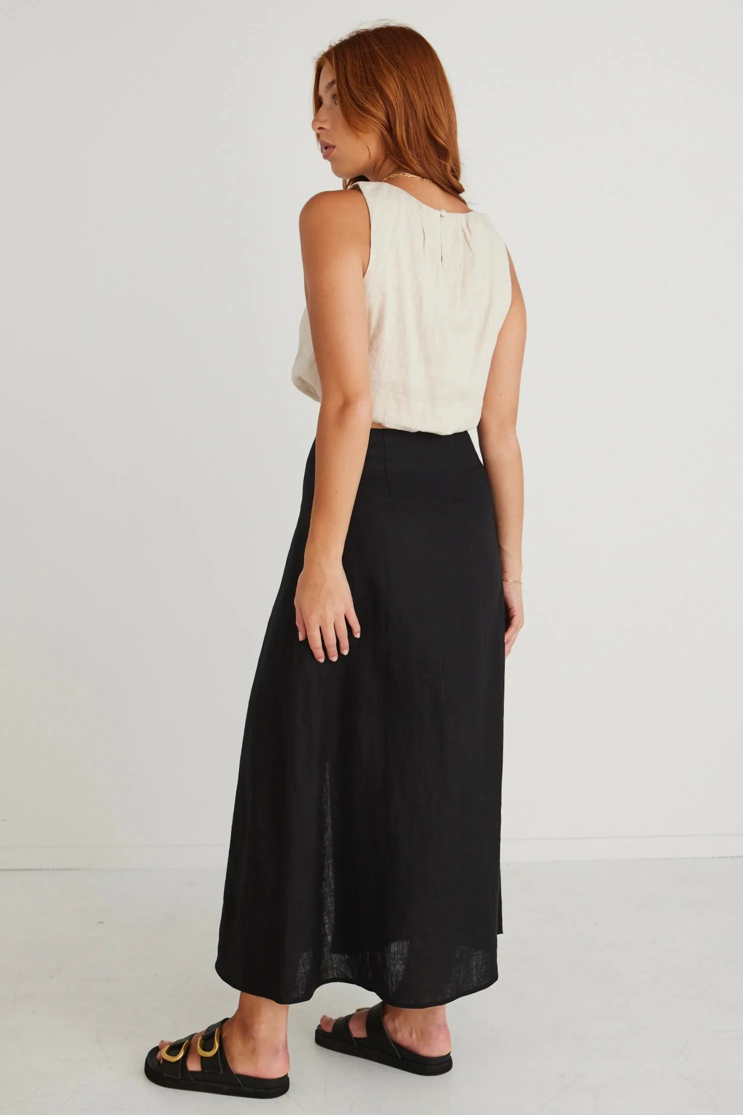 Mercy Black Linen Button Front Aline Skirt