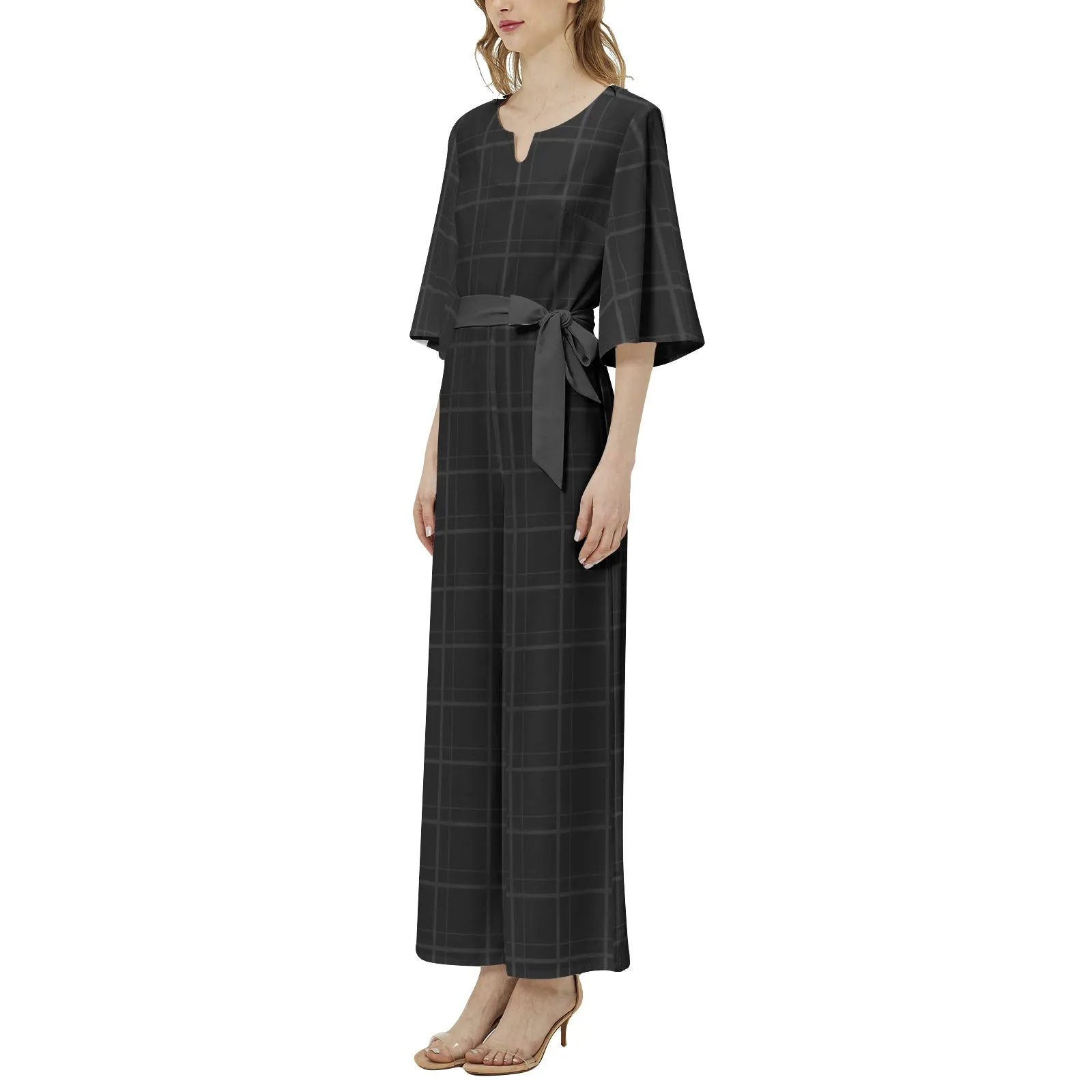 Midnight Matrix Dolman Sleeve Belted Wide Leg Jumpsuit