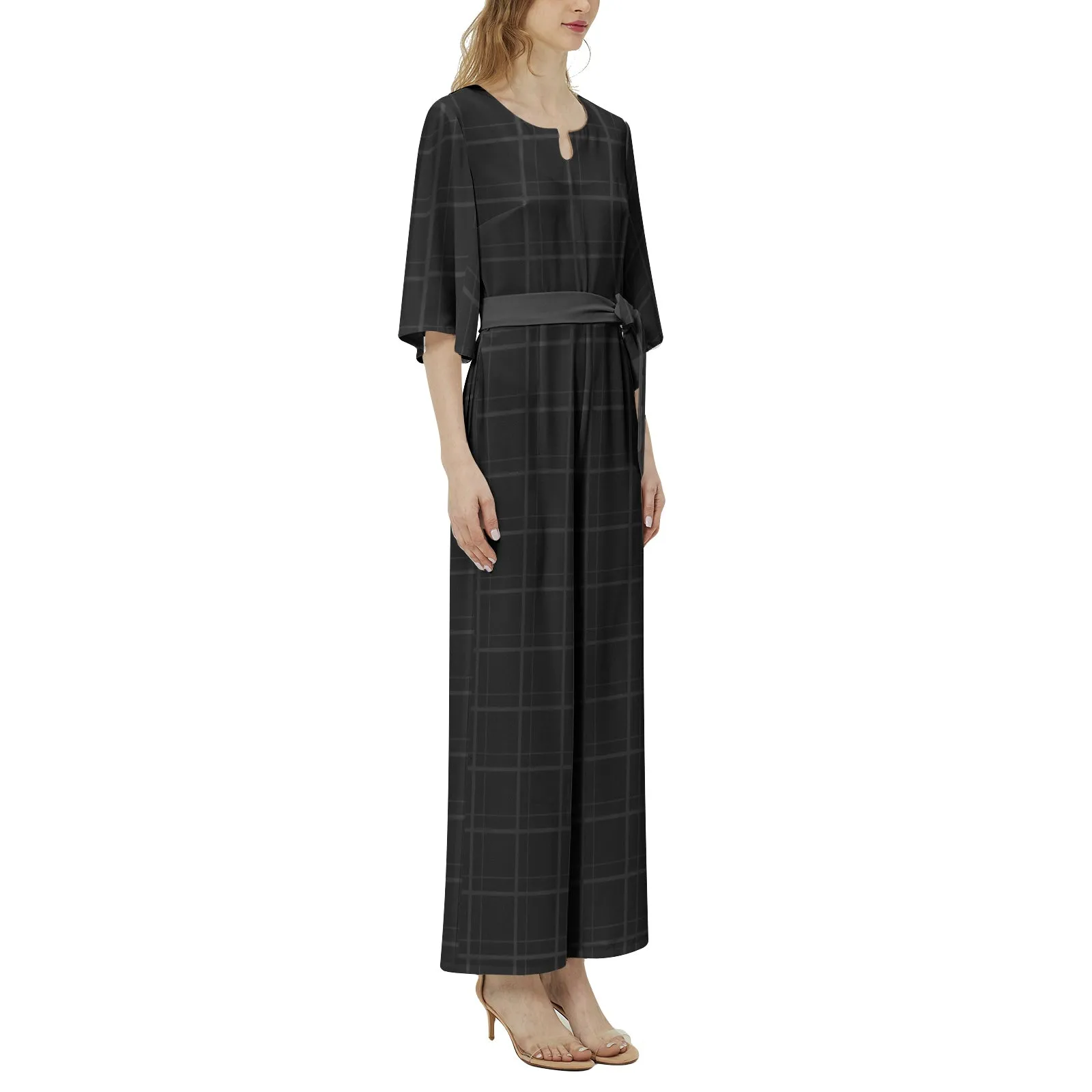 Midnight Matrix Dolman Sleeve Belted Wide Leg Jumpsuit