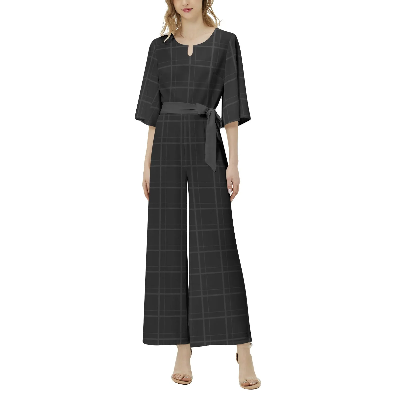 Midnight Matrix Dolman Sleeve Belted Wide Leg Jumpsuit
