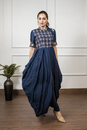 Navy embroidered draped jumpsuit