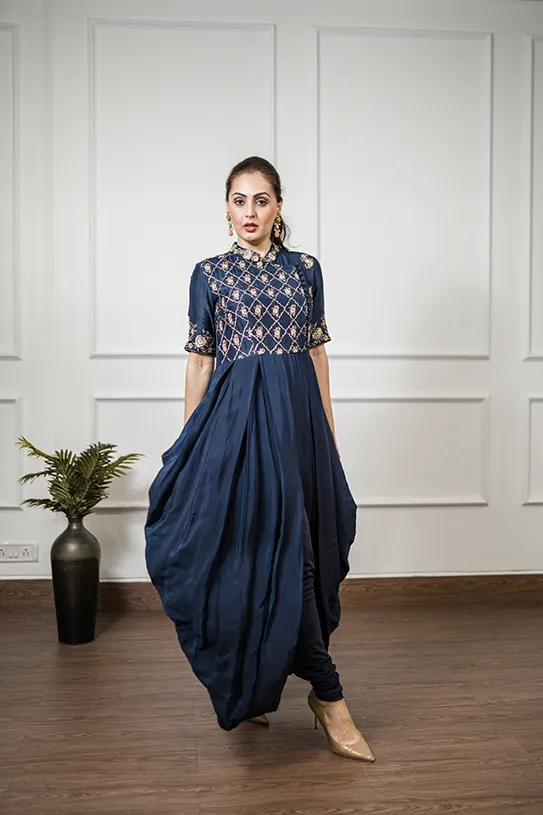 Navy embroidered draped jumpsuit