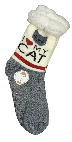 Northern Comfort "I Love My Cat" Sherpa Lined Grip Women and Men's Slipper Socks