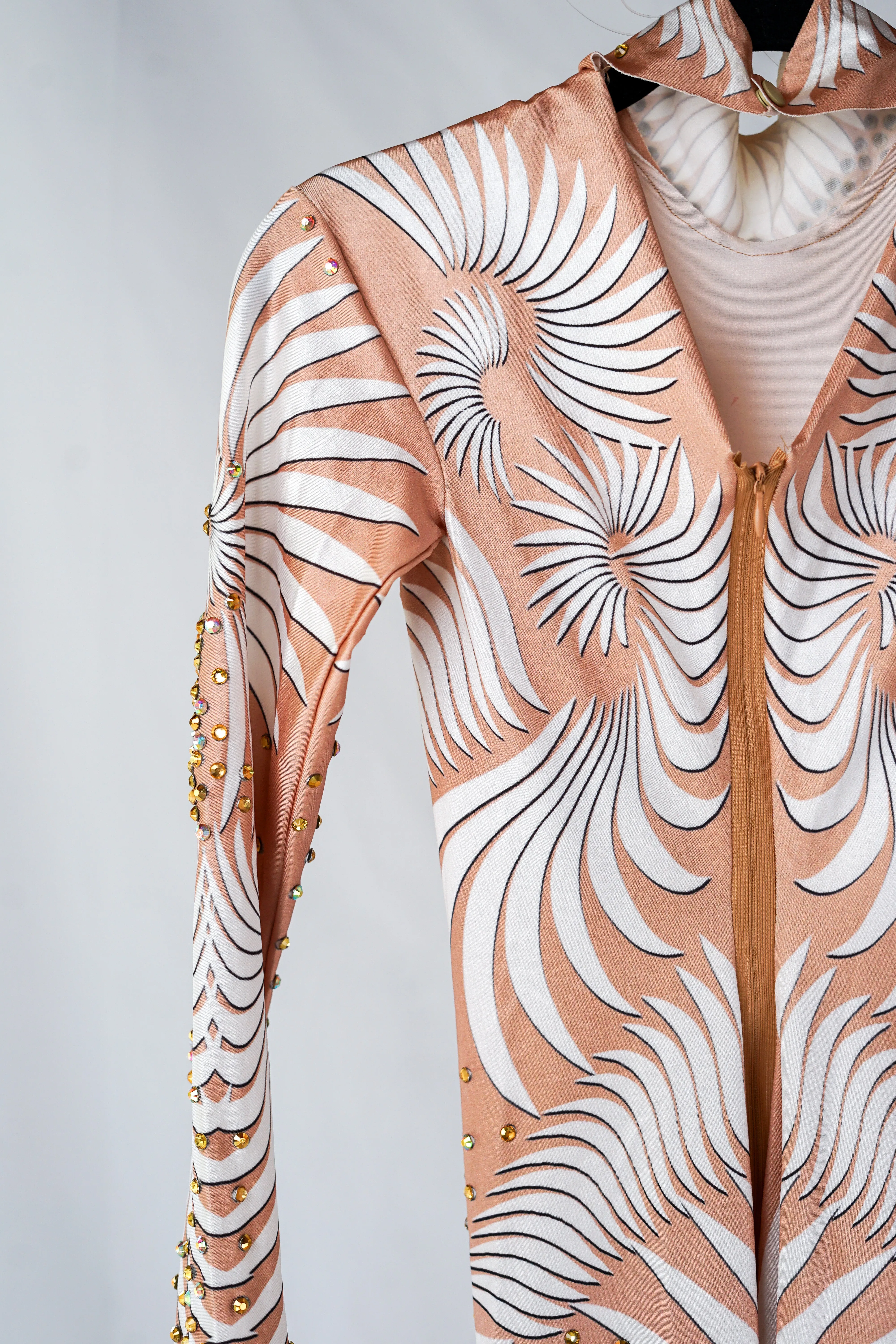 Nude Body Contour Bodysuit with White Swirl Pattern and Gold Rhinestones