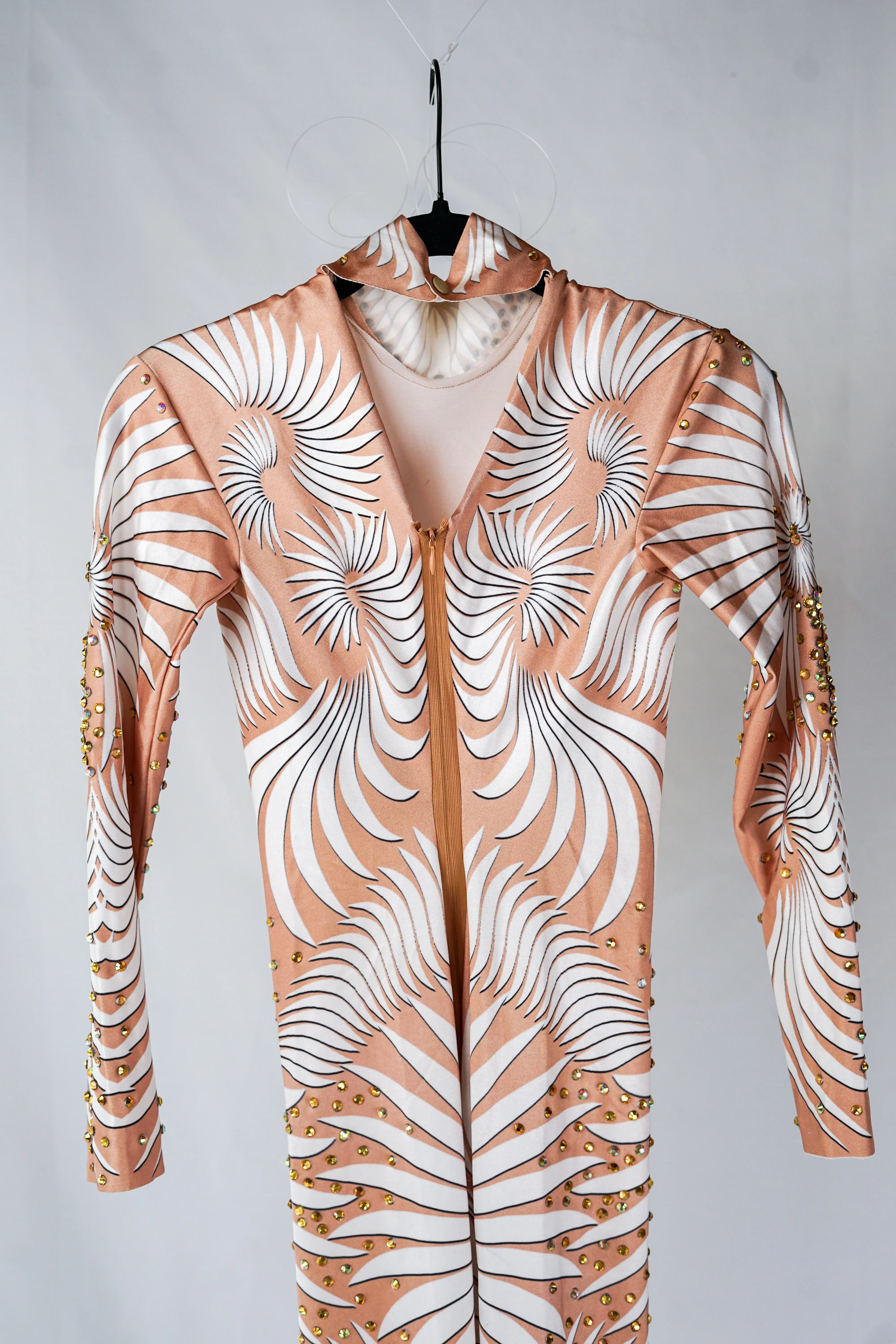 Nude Body Contour Bodysuit with White Swirl Pattern and Gold Rhinestones